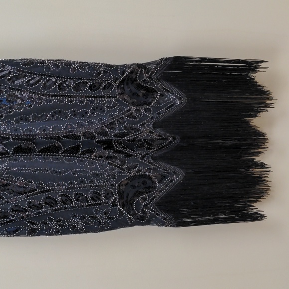Black Beaded Sequined Halloween Flapper Dress with Fringe Size Medium - Picture 5 of 12